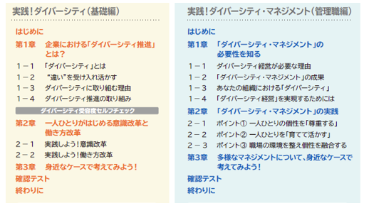 実践！ダイバーシティ（基礎編）
第1章　企業における「ダイバーシティ推進」とは？
第2章　一人ひとりがはじめる意識改革と働き方改革
第3章　身近なケースで考えてみよう！
確認テスト
おわりに